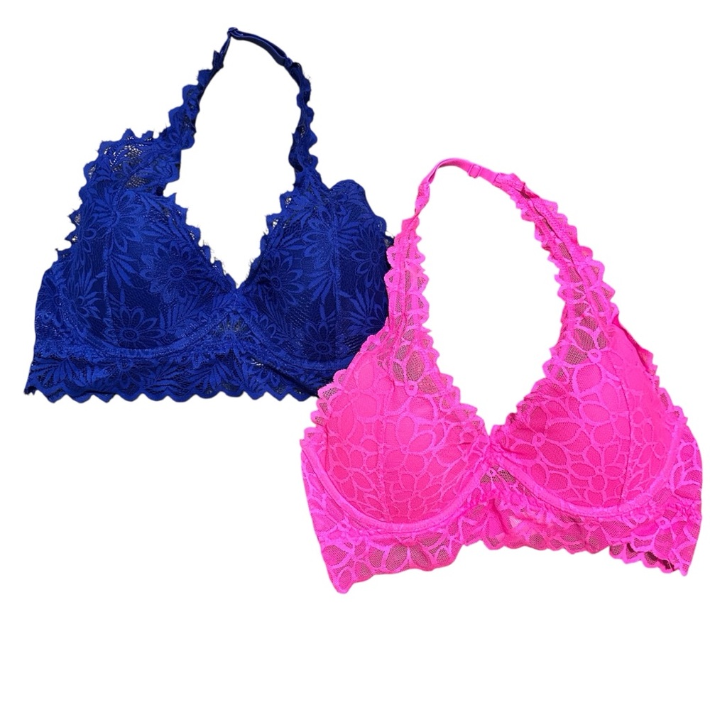 Victoria's Secret PINK Lightly Lined Lace Bralette hot pink and blue size M